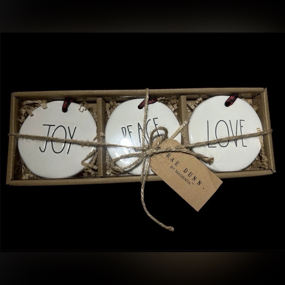 Rae Dunn White With Black Lettering Joy Peace Love Ceramic Christmas Ornament